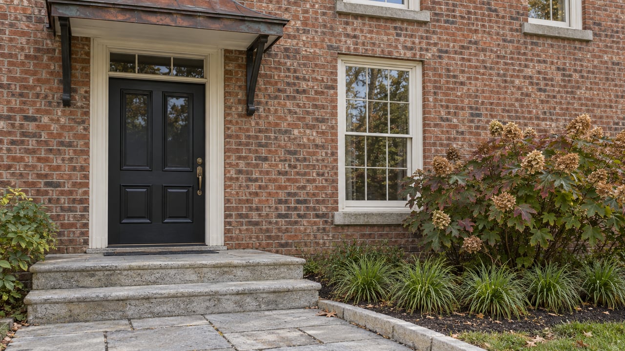 Close view of a brick home's black front door, aged copper canopy and limestone steps beside oakleaf hydrangea.