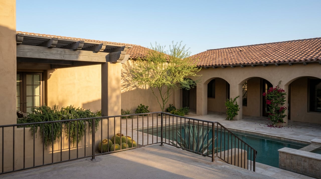 Enclosed courtyard pool beneath an arched stucco wing, with desert plants and a wrought-iron terrace rail.