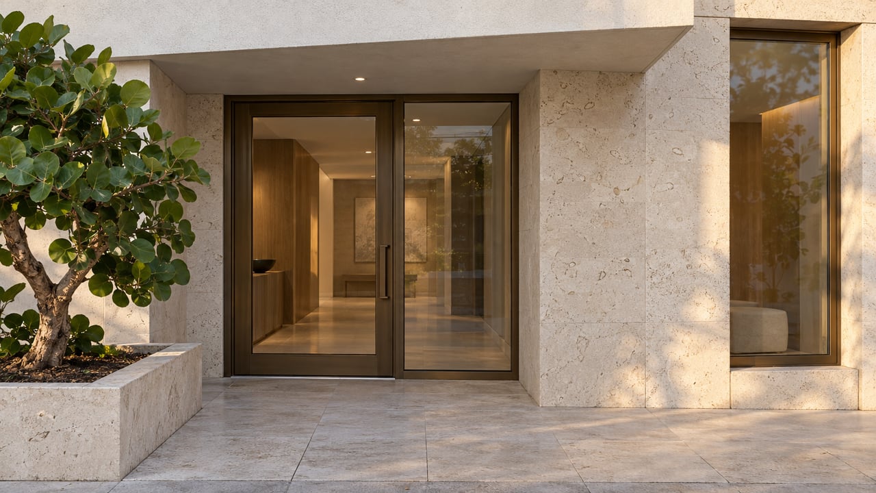 Recessed bronze-framed glass entry beneath a concrete canopy, beside a tall window and raised planter with a twisting tree.