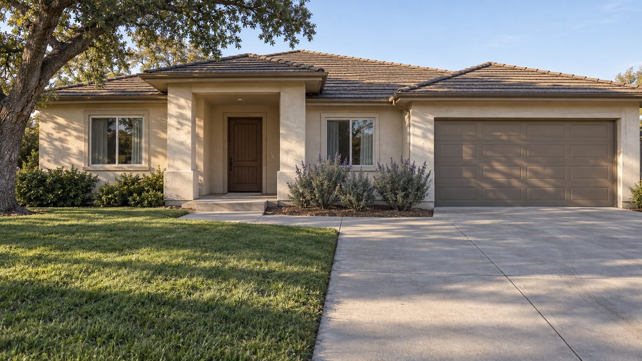 Sunlit single-story stucco home with a recessed entry, broad front lawn, mature oak and spacious concrete driveway.