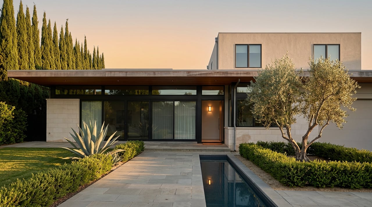 Modern stone-and-glass home with a reflecting pool, olive tree, and agave in warm evening light.