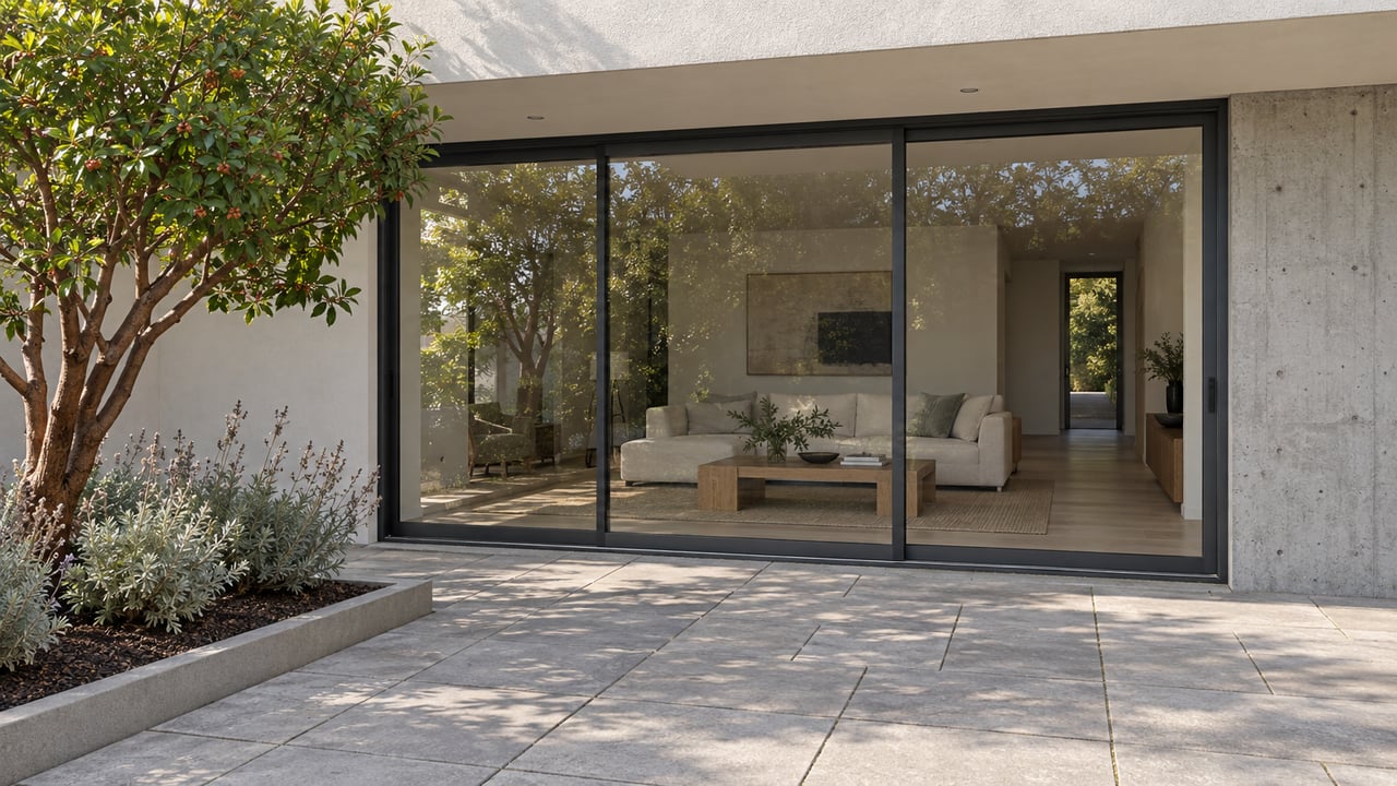 Sunlit contemporary residential terrace with warm-white stucco, framed glass doors, concrete paving and a sculptural strawberry tree.