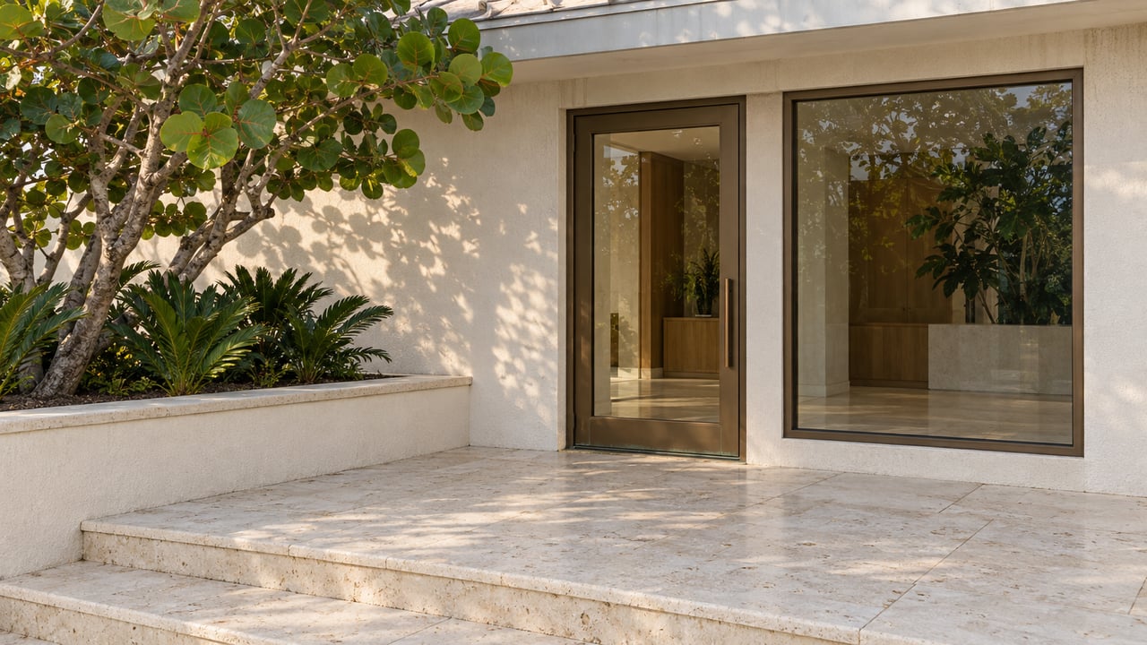 Sunlit ivory stucco entry with bronze-framed glazing, broad limestone steps and a sea grape tree in a raised planter.