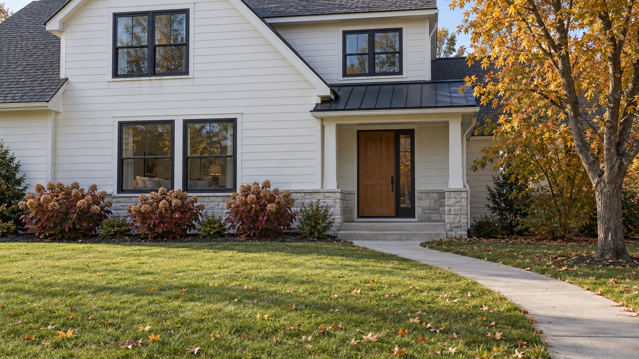 White-sided two-story home with an oak entry door, broad autumn lawn and amber sugar maple.