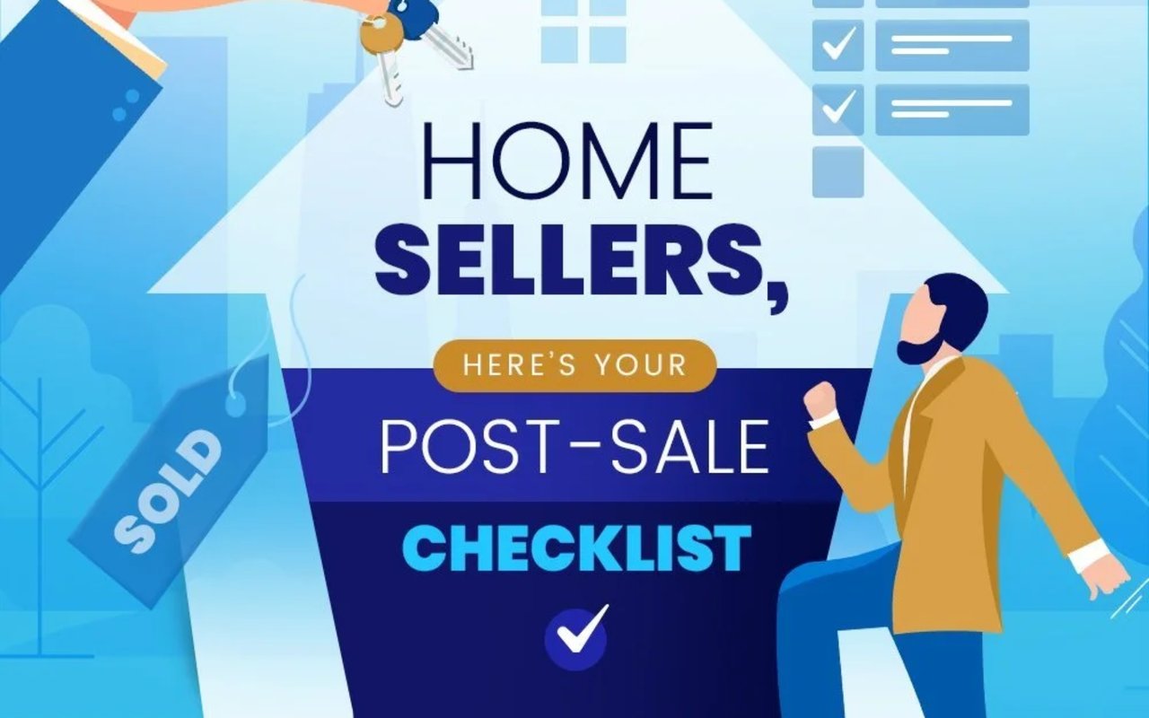Illustrated post-sale checklist for home sellers, with keys, a sold tag, and a suited man.