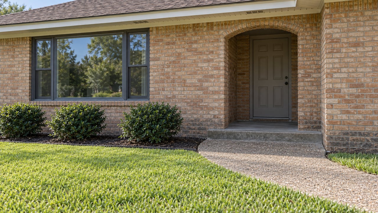 Buff-brick ranch entry with a closed taupe door, charcoal-framed picture window, curved aggregate walk and neatly maintained lawn.