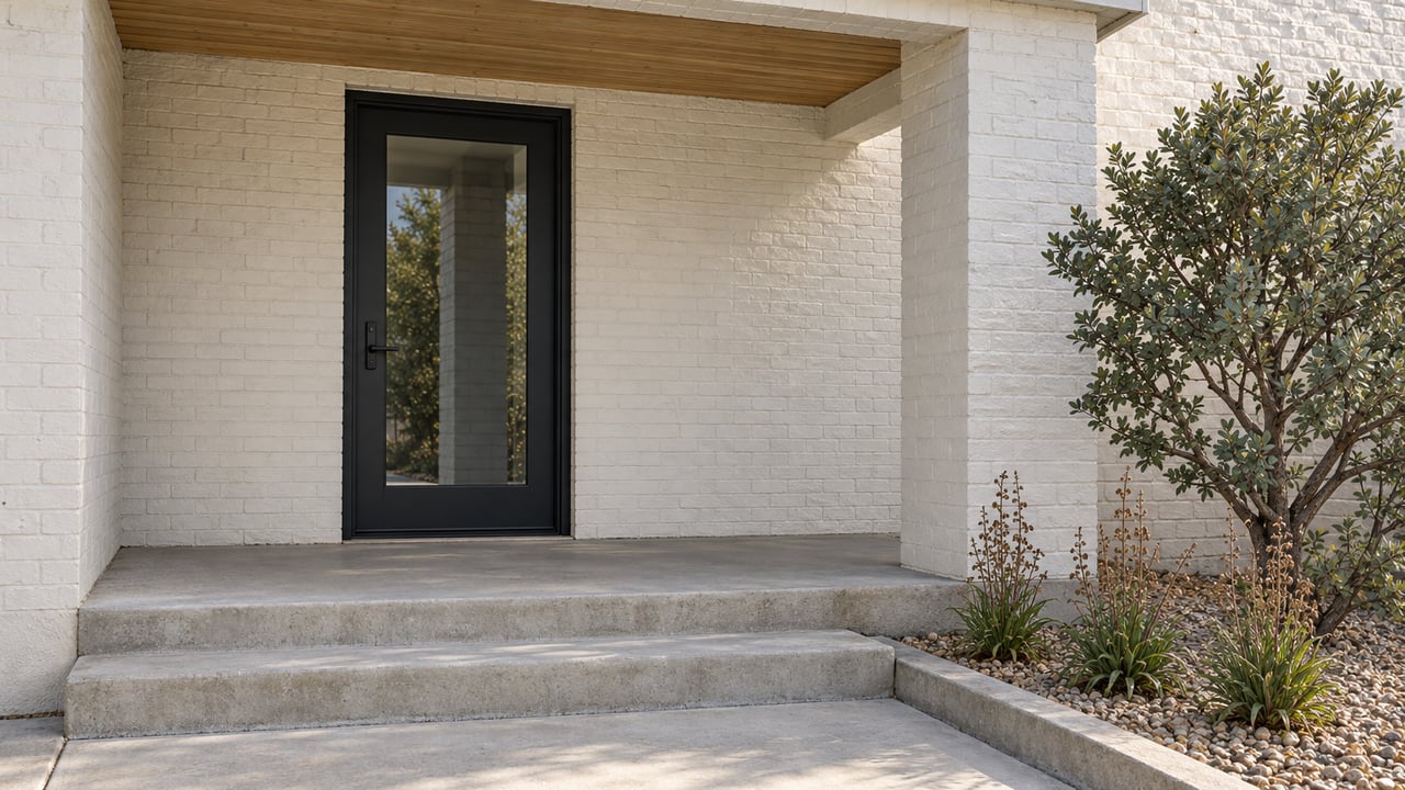 Painted-brick recessed porch with a black glass entry door, oak soffit, broad concrete steps and a sculptural mountain mahogany.