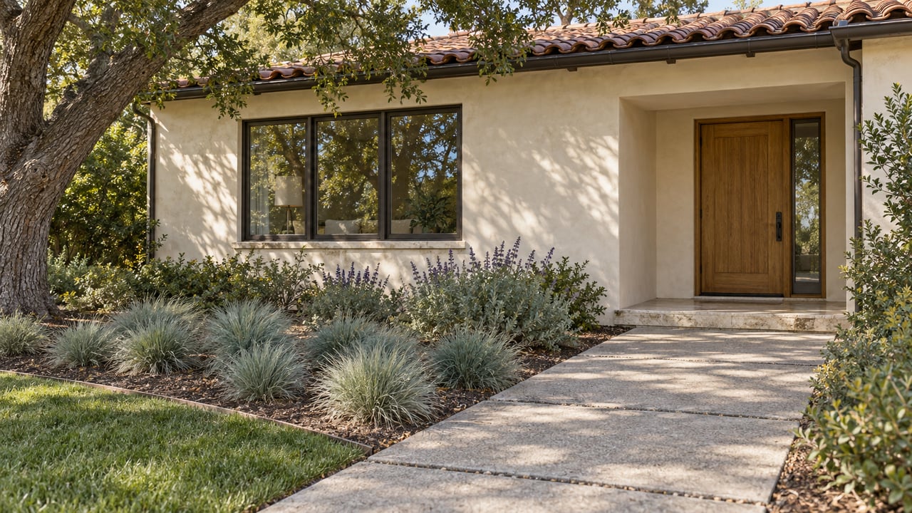 An ivory stucco home with an aged clay-tile roof, oak entry door and bronze-framed window, seen across a planted garden and concrete approach.