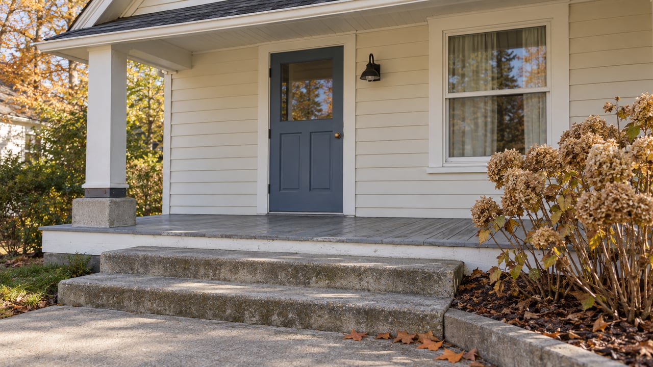 Ivory clapboard home with a slate-blue front door, weathered gray porch boards, concrete steps and dried hydrangea flower heads in autumn light.