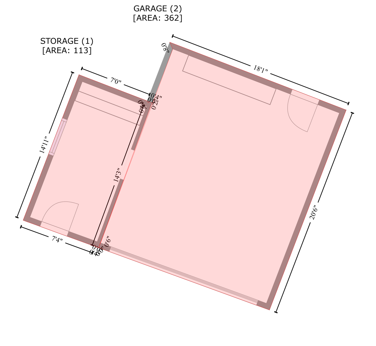 Detailed layout of detached garage and adjacent storage room with exact dimensions