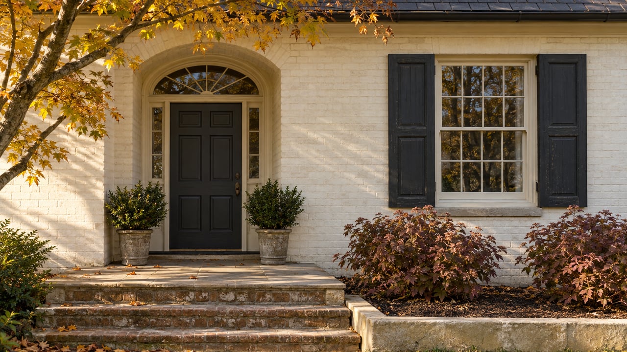 Cream brick home entrance with dark door, arched transom, worn brick steps, and golden maple leaves.