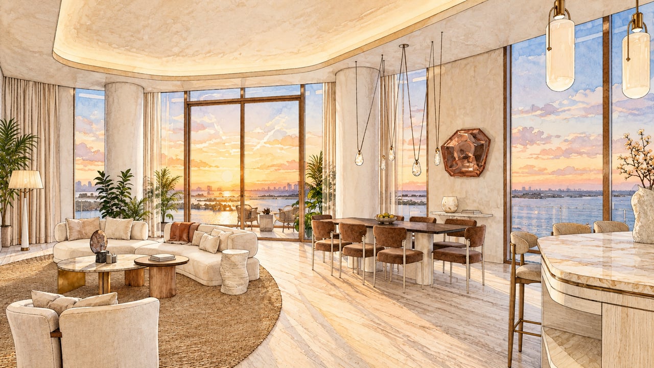 Luxury living and dining room with marble finishes and sunset water views through floor-to-ceiling windows.