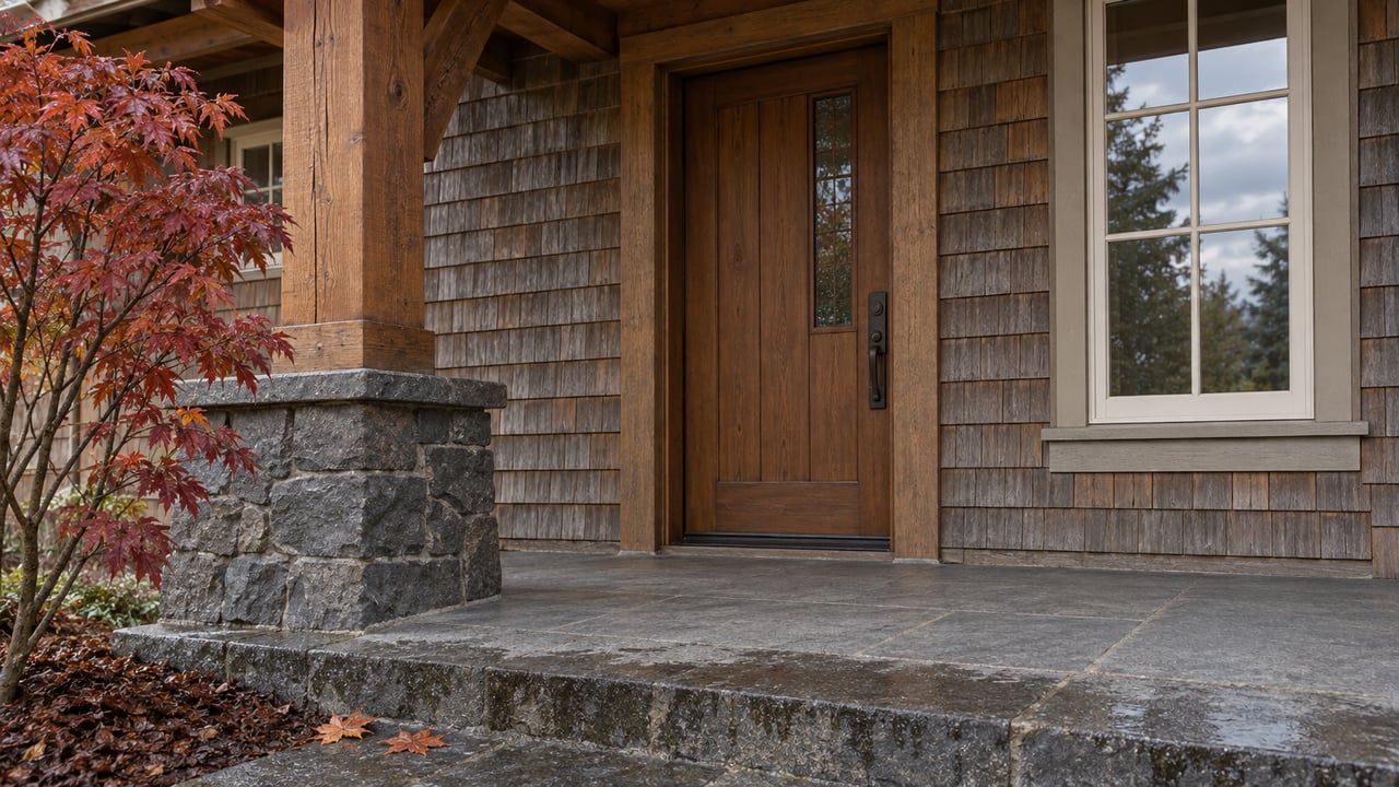 Covered timber entry with cedar shingles, a basalt porch pedestal, wet stone edging and copper-red vine maple leaves.