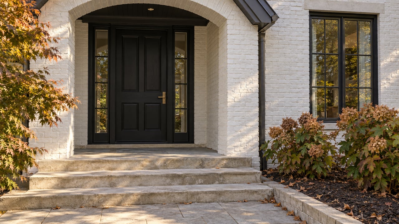 White-painted brick entry with a black paneled door, limestone steps, and coppering maple leaves.