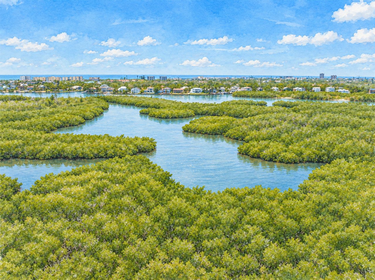 Mangrove waterways and green islands in the foreground, with coastal homes along the distant shore.