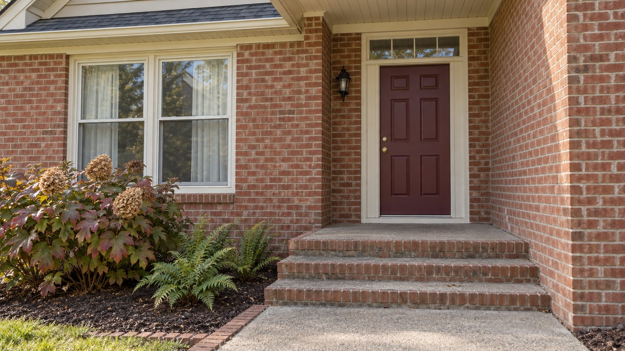 Red-brick home entrance with a burgundy door, cream trim, broad steps and autumn oakleaf hydrangea.