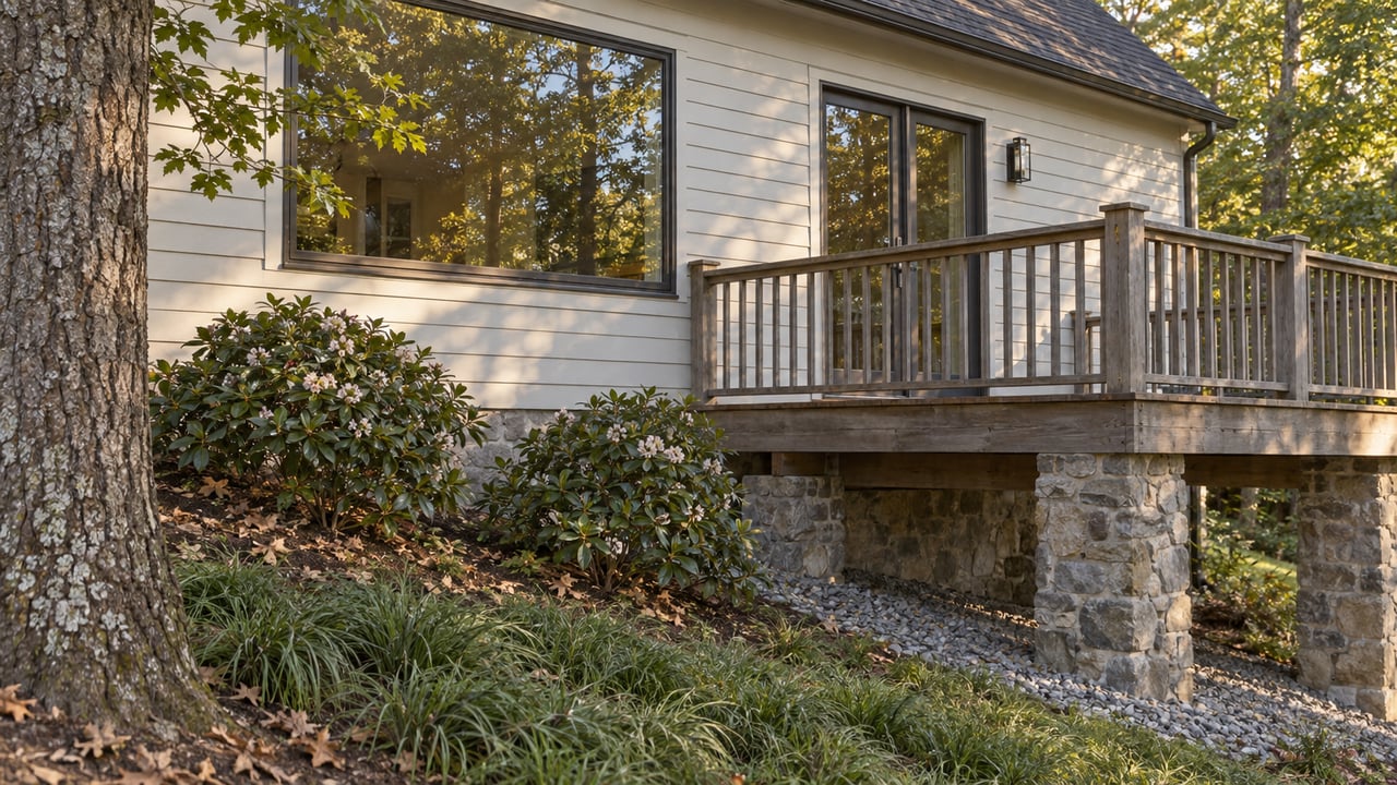 Pale clapboard house with a bronze-framed patio door, raised timber deck, and stone piers above a planted slope.