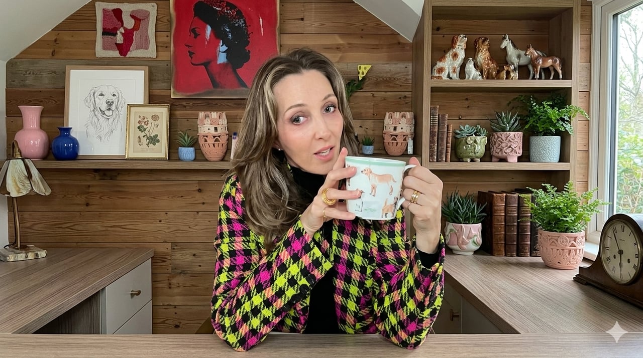 Woman holding a pale blue mug in a wood-paneled kitchen, wearing a vivid patterned top.