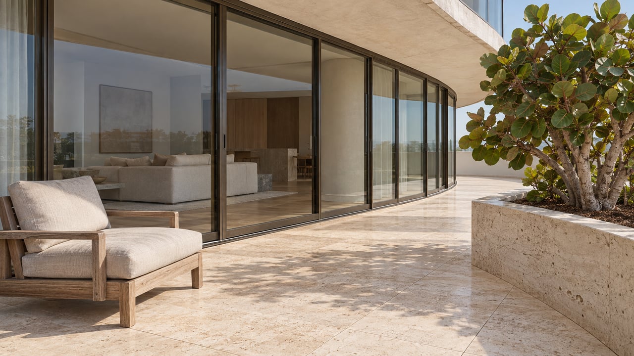 Curved glass walls enclose a warm living room beside a travertine terrace with a teak lounge chair and a mature sea grape tree.