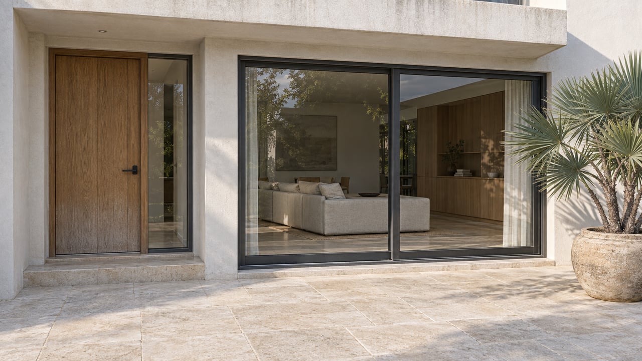Warm-white contemporary home entry with an oak door, closed glass living-room panels and a sculptural fan aloe in a ceramic pot on limestone paving.