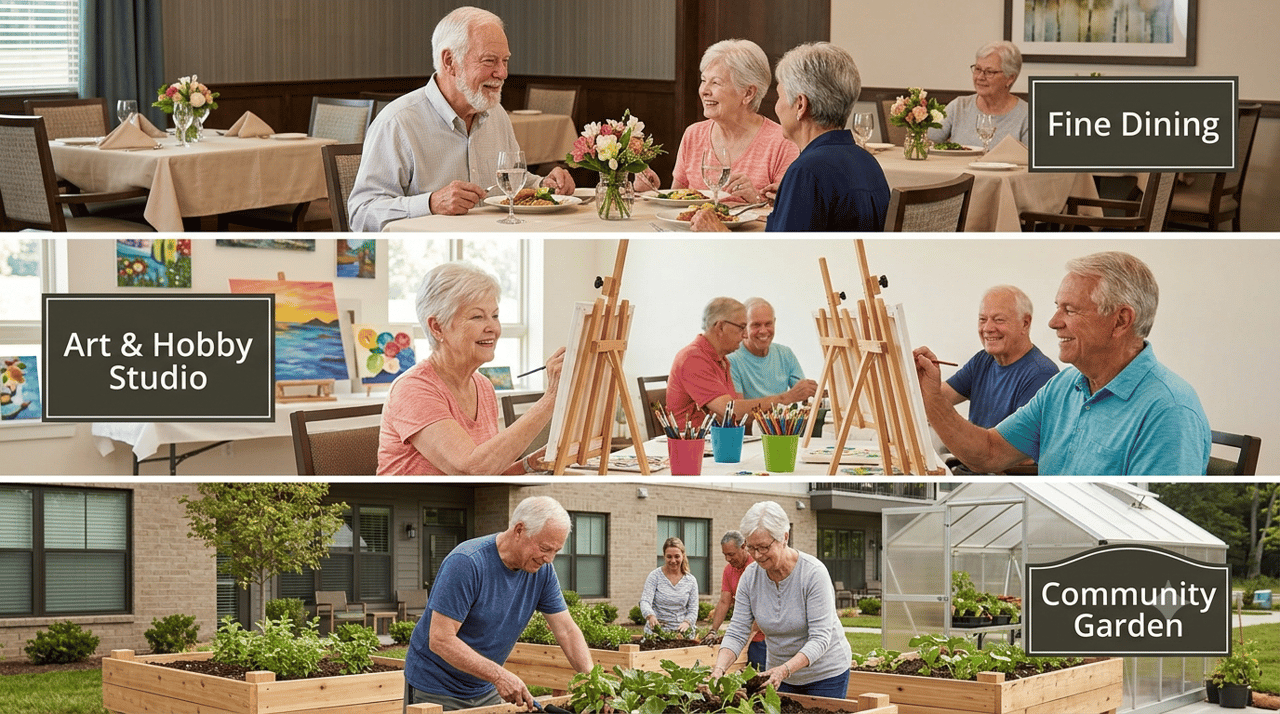 Seniors enjoy 55+ Communities with fine dining, hobby studio and gardening