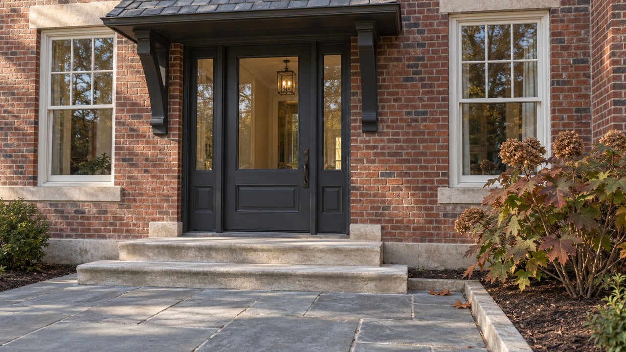 Brick residence entrance with a slate canopy, limestone steps, bluestone paving and autumn oakleaf hydrangea.