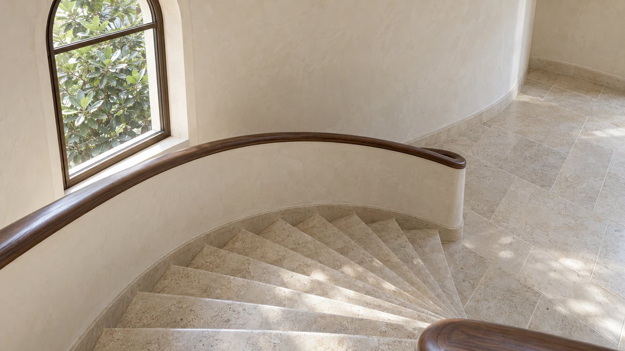 A curved limestone staircase with an ivory plaster parapet and walnut handrail in a sunlit foyer.