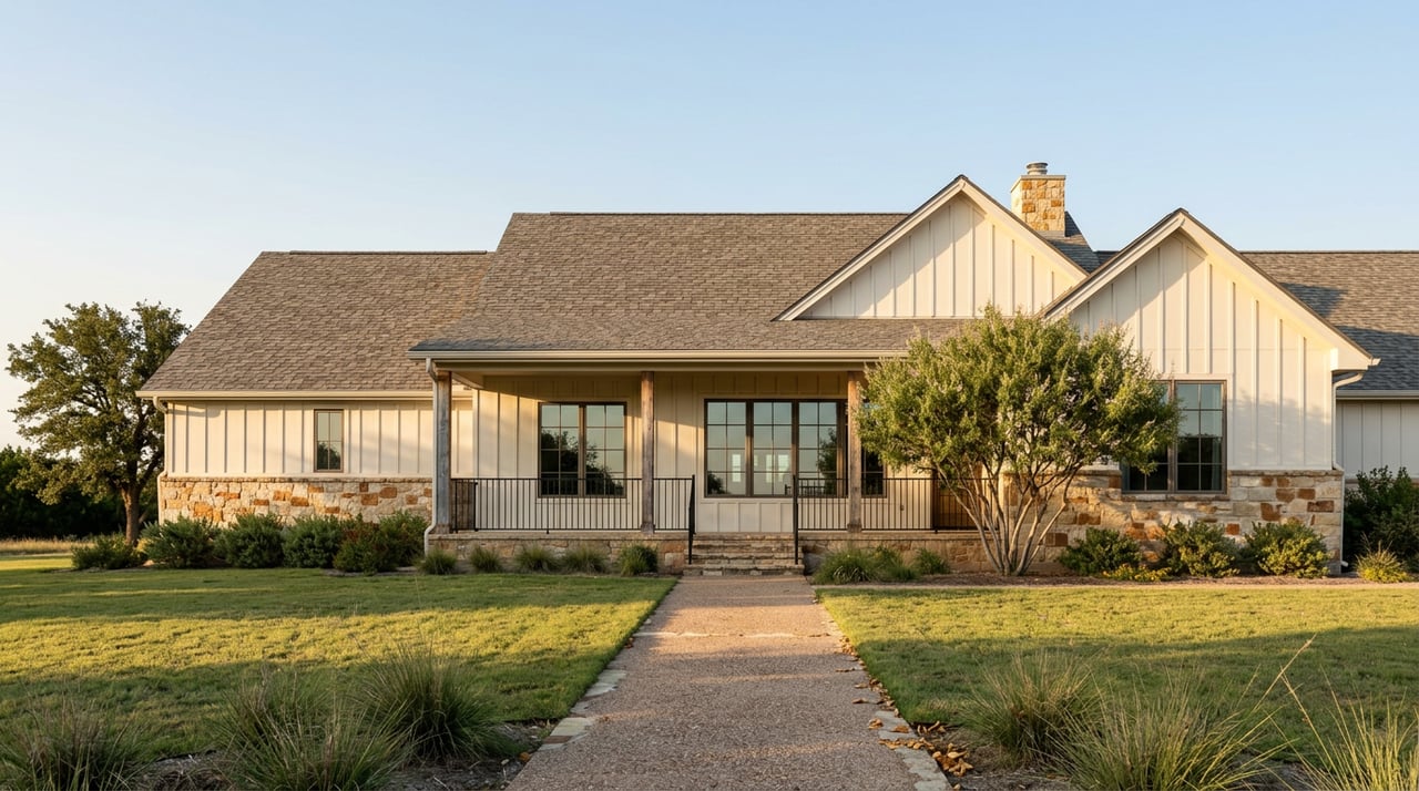 Single-story ranch home with stone-and-white siding, a covered porch, and a gravel path across an open lawn.