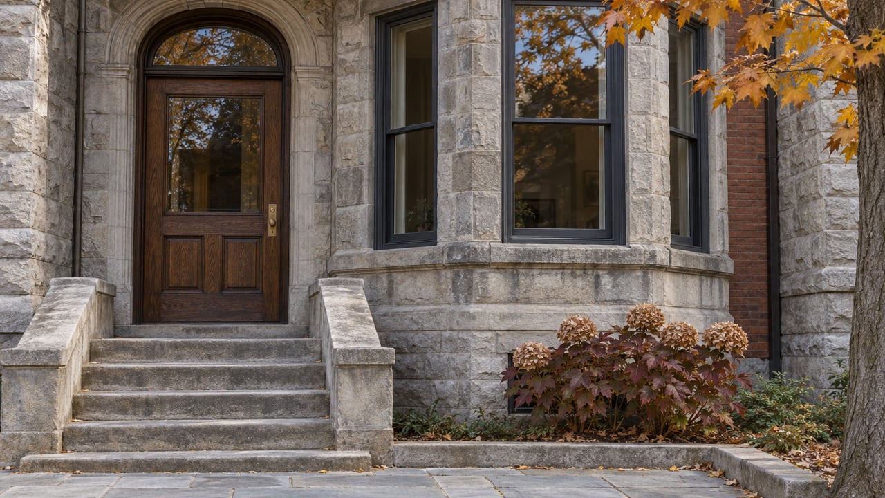 Daylight on a worn limestone stoop, dark oak entry door and projecting bay windows, with autumn maple leaves at the frame edge.