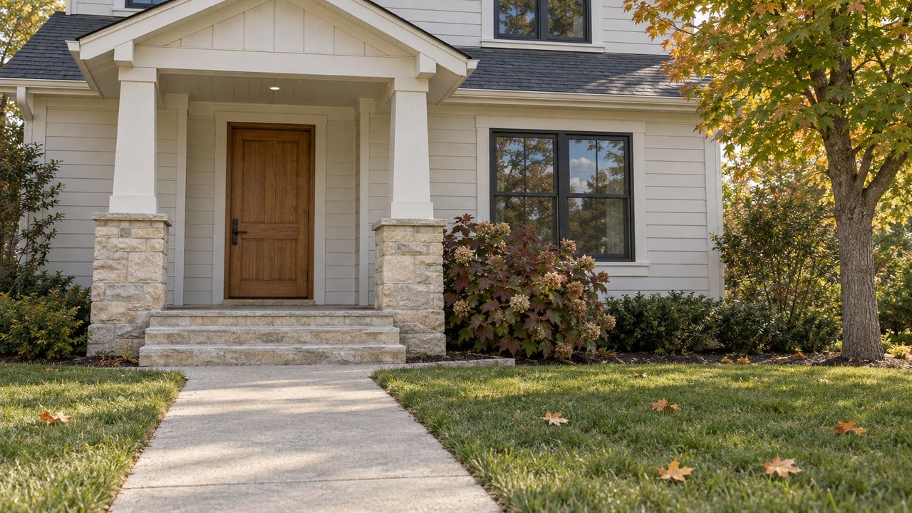 An established off-white home with a gabled porch, oak entry door, limestone steps and an autumn-colored planting bed beside a concrete approach.