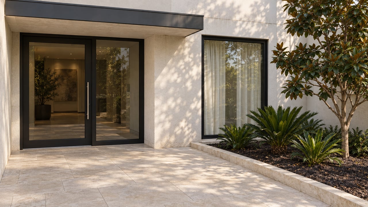 Morning sunlight crosses a pale stucco condominium entrance with black-framed glass, limestone paving, and a magnolia in a raised-edge planting bed.