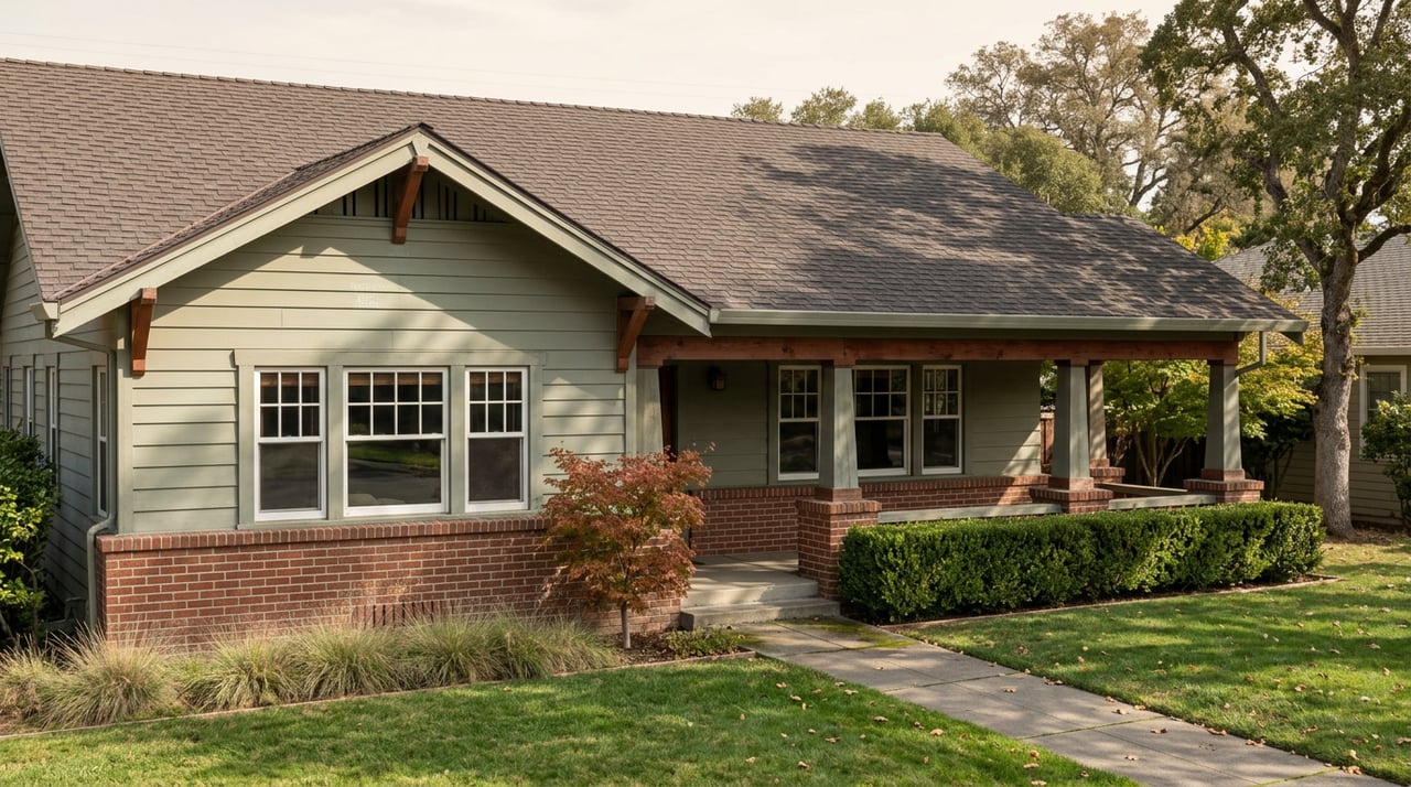 Single-story Craftsman-style home with sage-green siding, brick accents, exposed porch beams, and a mature oak.