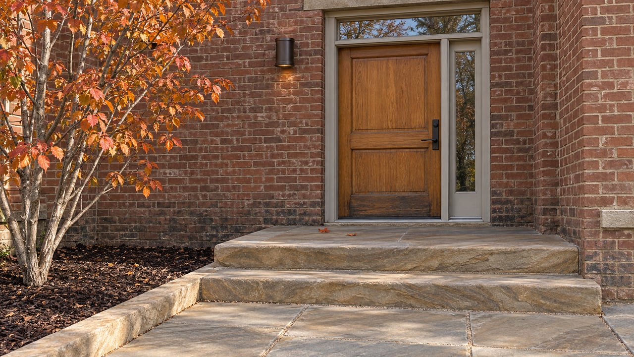 Autumn light on a brick home's oak entry door, worn sandstone steps, and an orange-leaved serviceberry.