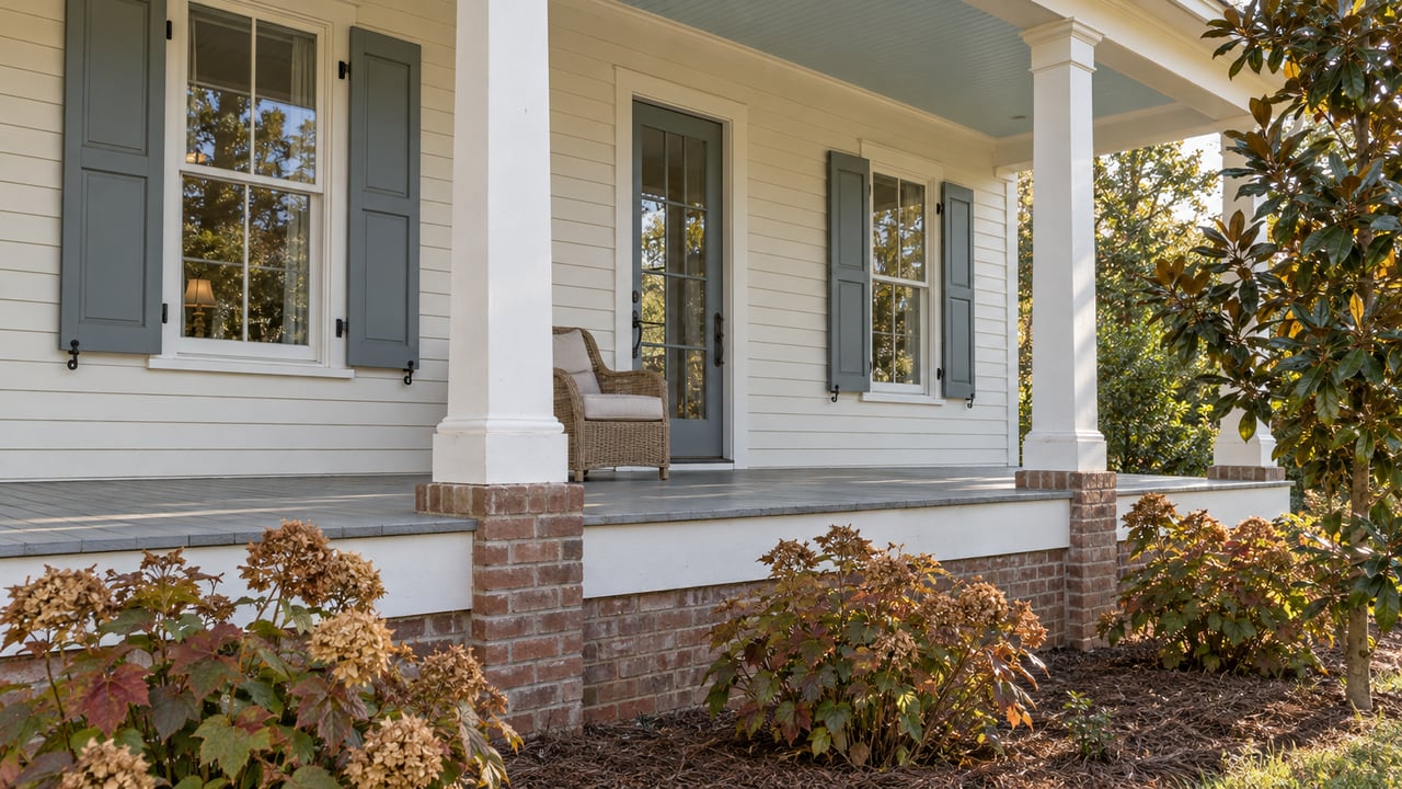Raised ivory-sided home with a pale blue porch ceiling, shuttered windows, a cane chair and autumn oakleaf hydrangeas.