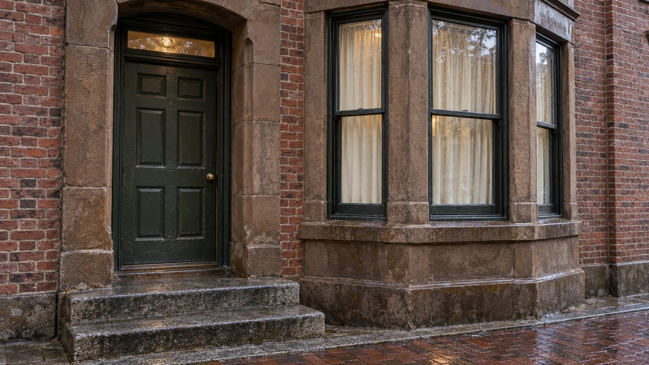 Rain-darkened brick residential entrance with an olive-painted door, worn granite steps, and a sandstone bay window.