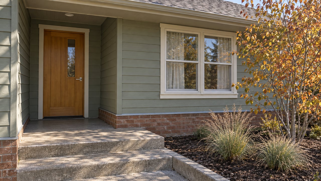 Close view of a sage-sided home's timber entry door, paired window, weathered concrete porch and autumn serviceberry.