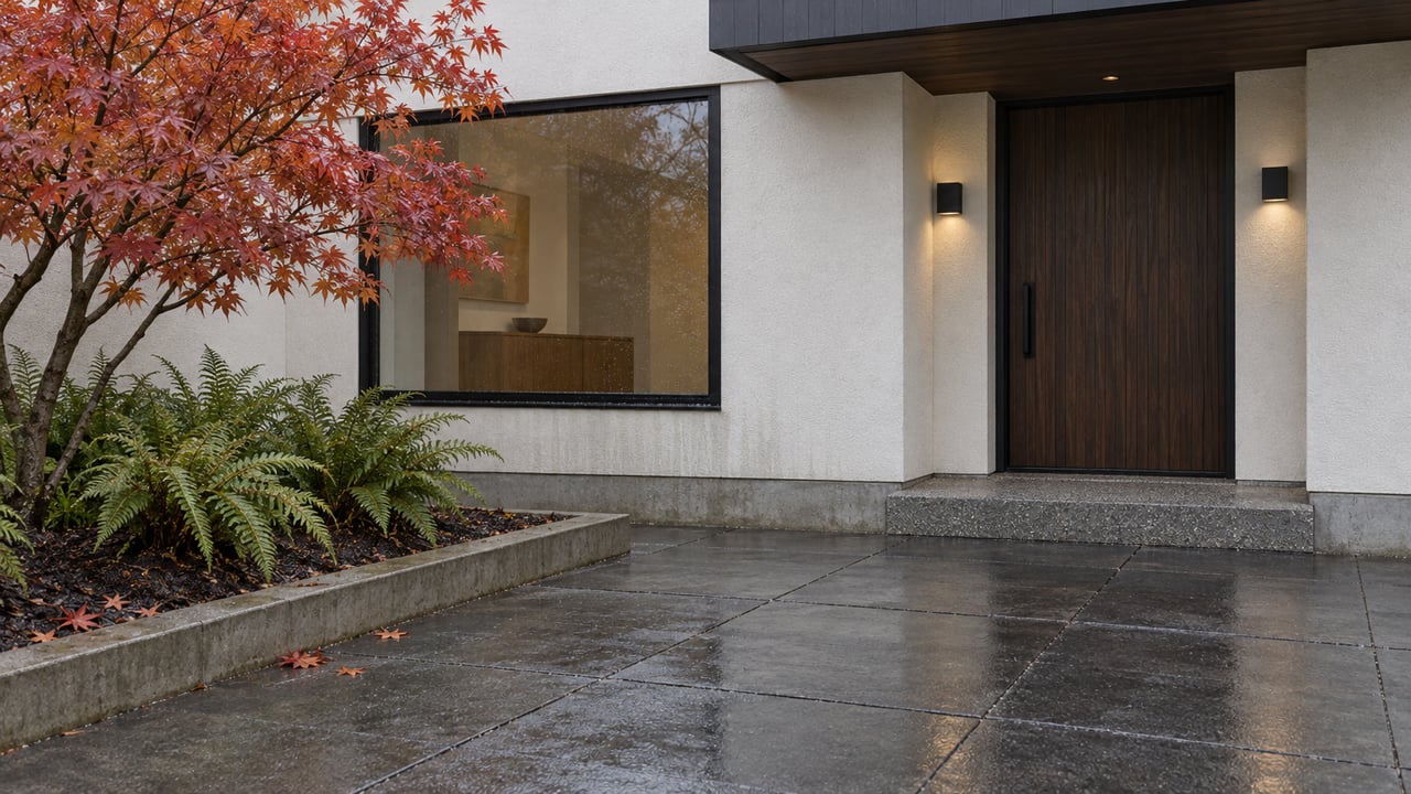 Rain-darkened basalt paving leads to a sheltered dark wood entry in a low white-stucco home, beside an autumn Japanese maple and sword ferns.