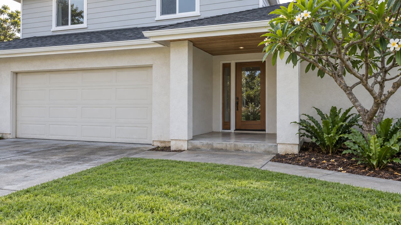 An updated two-story home with a cream garage door, wood entry, broad lawn and a flowering plumeria beside the porch.
