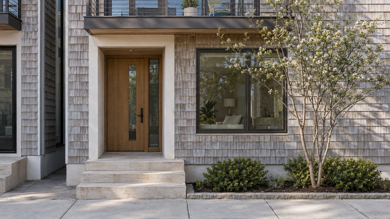 Coastal townhouse with a recessed oak door, pale-stone stoop, and a small tree in a narrow planting bed.