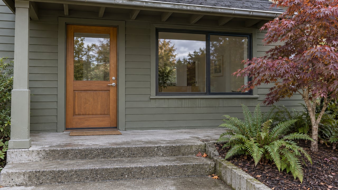 Weathered olive-gray timber house entry with a glazed fir door, contemporary window, concrete steps, burgundy Japanese maple and sword ferns.