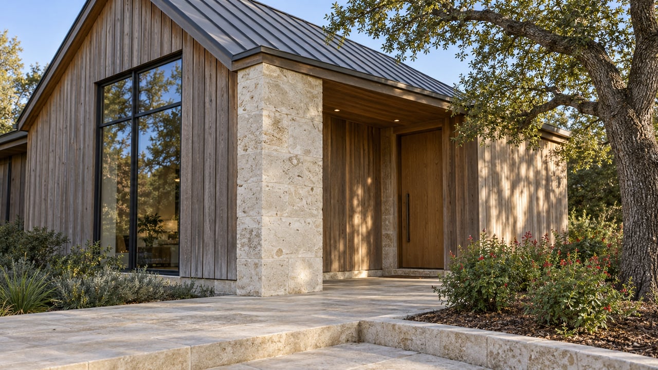 Cedar-clad gabled entry with a tall black-framed window, limestone pier and landing, and a spreading live oak beside flowering sage.