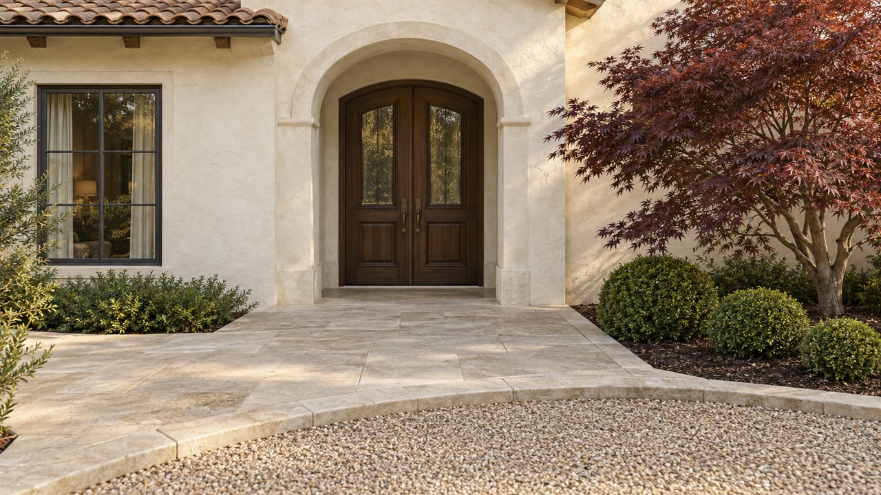 Stucco home entrance with arched portico, dark double doors, and landscaped stone walkway.