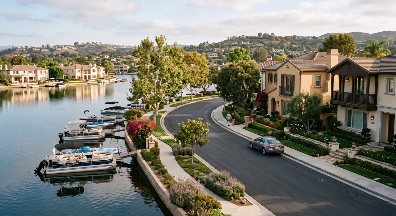 Waterfront homes along a curving street, with docked boats and rolling hills beyond.