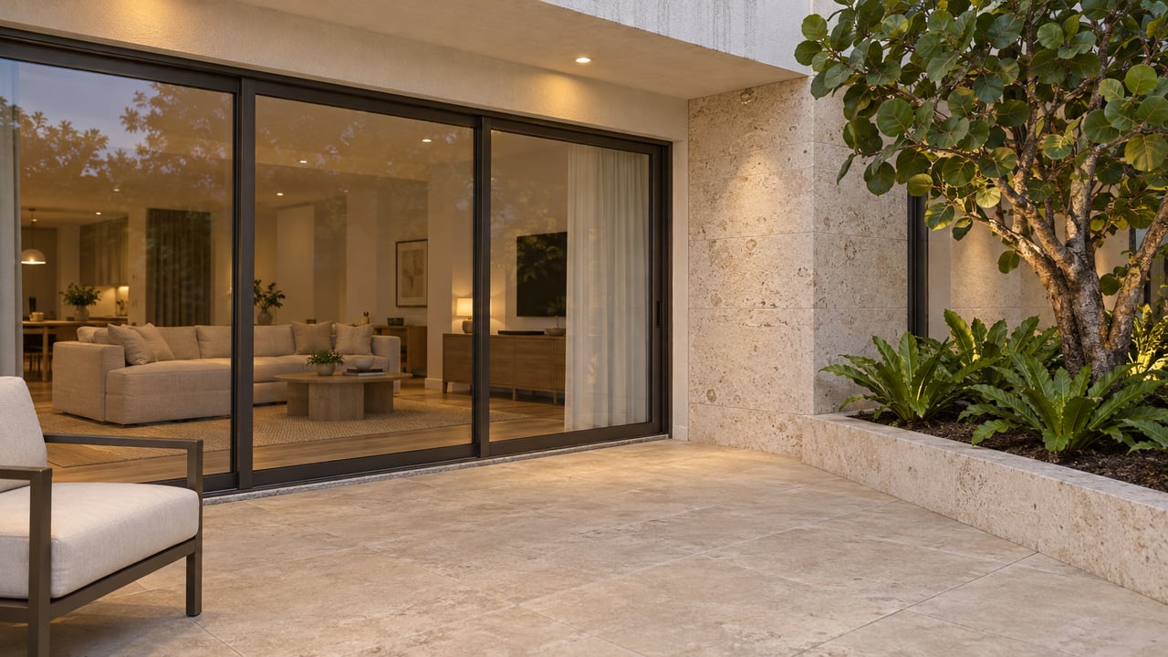 An ivory-stucco condominium terrace at dusk with bronze-framed glass doors, limestone surfaces and a planted sea-grape tree.