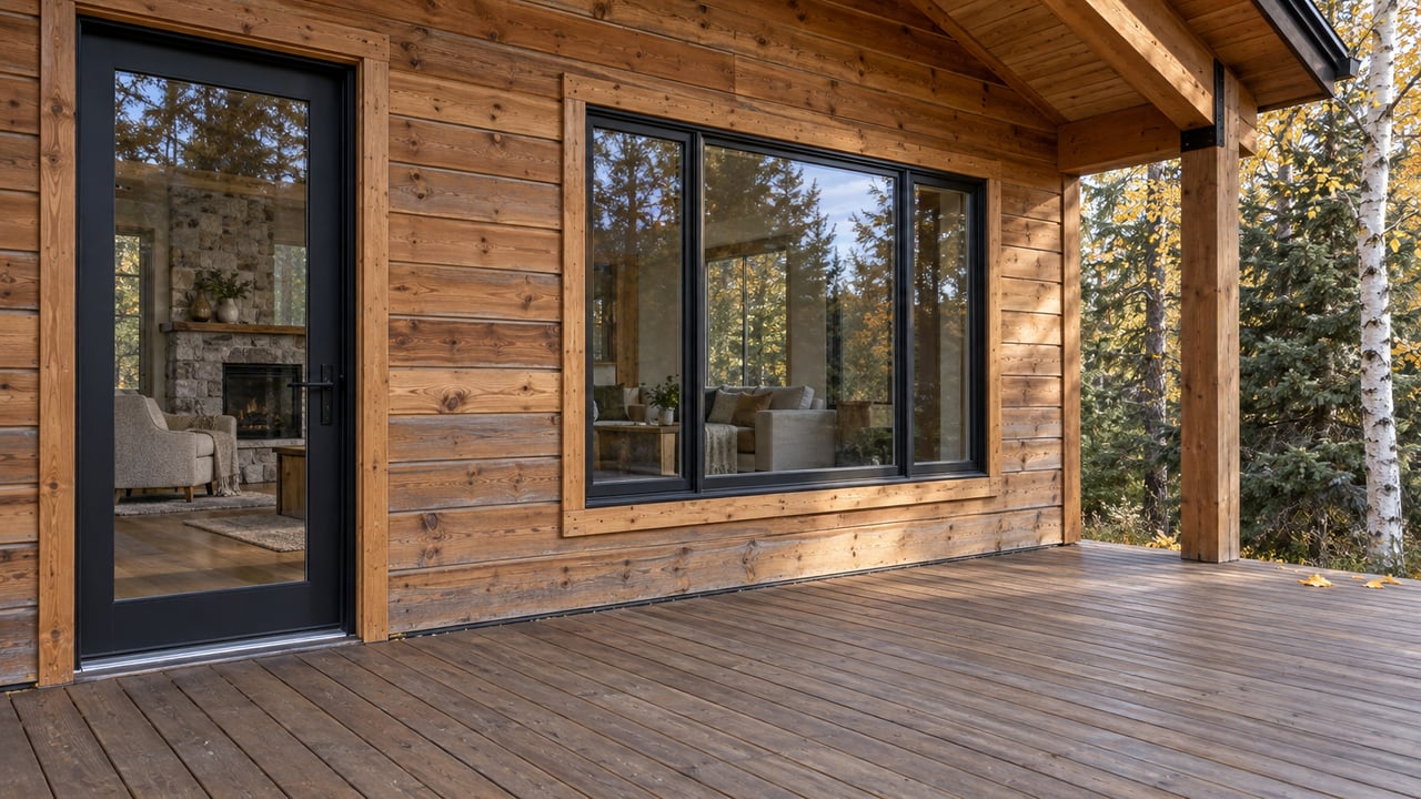 Covered timber deck beside cedar siding and closed black-framed glass, with yellow birch foliage and spruce at the edge.