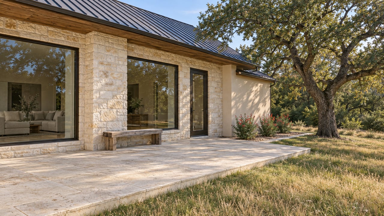 Limestone home with dark-framed windows, a raised stone terrace, and an oak beside a muted autumn lawn.