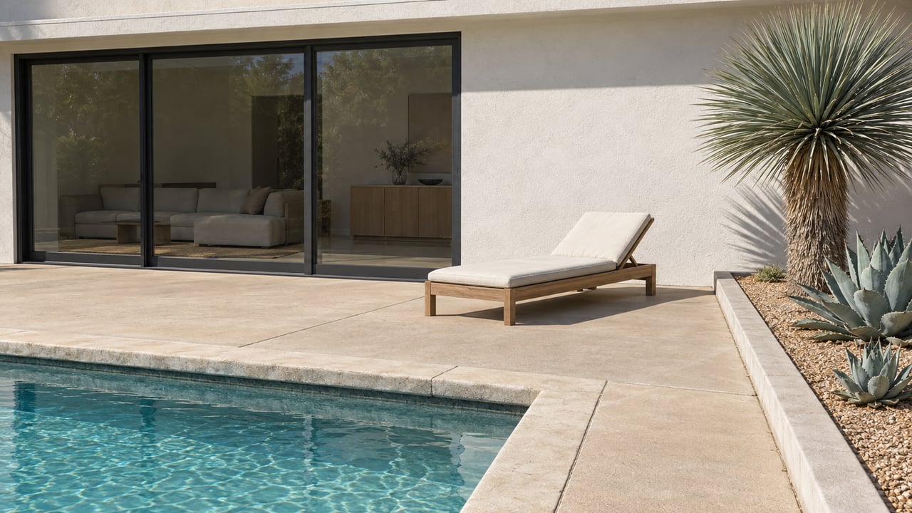 White stucco home with closed dark-framed glass doors, a turquoise pool corner, pale concrete terrace and sculptural blue-green desert plants.
