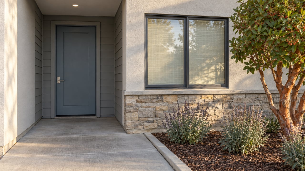 Close view of a blue-gray front door, stucco and stone facade, and a concrete entry walk beside curated planting.