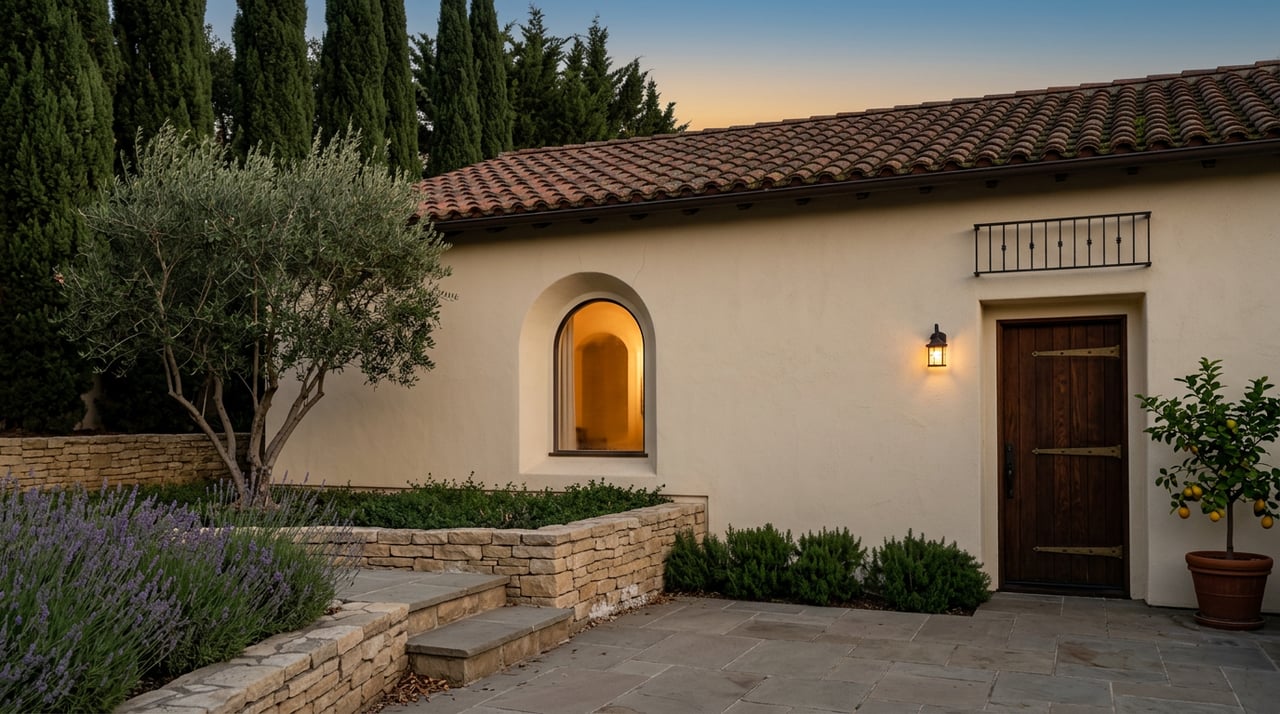 Stucco home with a glowing arched window, walnut door, stone terrace, and cypress trees.
