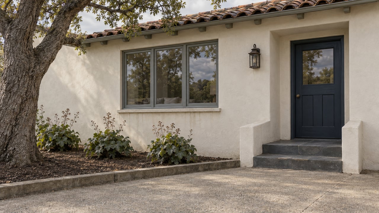 An ivory stucco home with a navy glazed front door, slate entry steps and timber windows beside a mature oak.